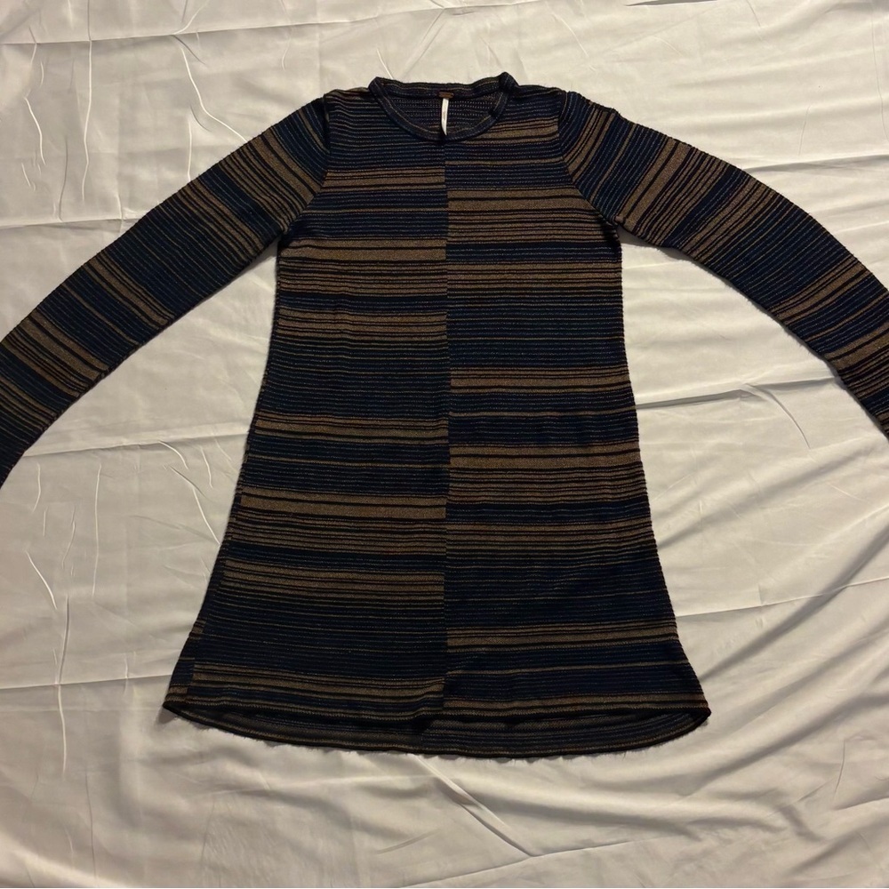 Free People Navy and Gold Tunic Knit Sweater Sz S